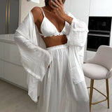 Sexy Ruffle Bras + Cardigan + Wide Leg Pant Sets 2025 New Spring Summer White Three Piece Set Casual Loose Homwear Beach Suit