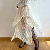 Lace Vintage Long Skirts Irregular Holiday Y2k Skirt for Women Boho See Through High Waist Elegant Tulle Midi Skirts