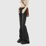 Pbong  American Retro Low Waisted Washed Jeans Women Streetwear Y2K Slim Fit Flared Pants Mujer Fashion Button Pockets Denim Trousers
