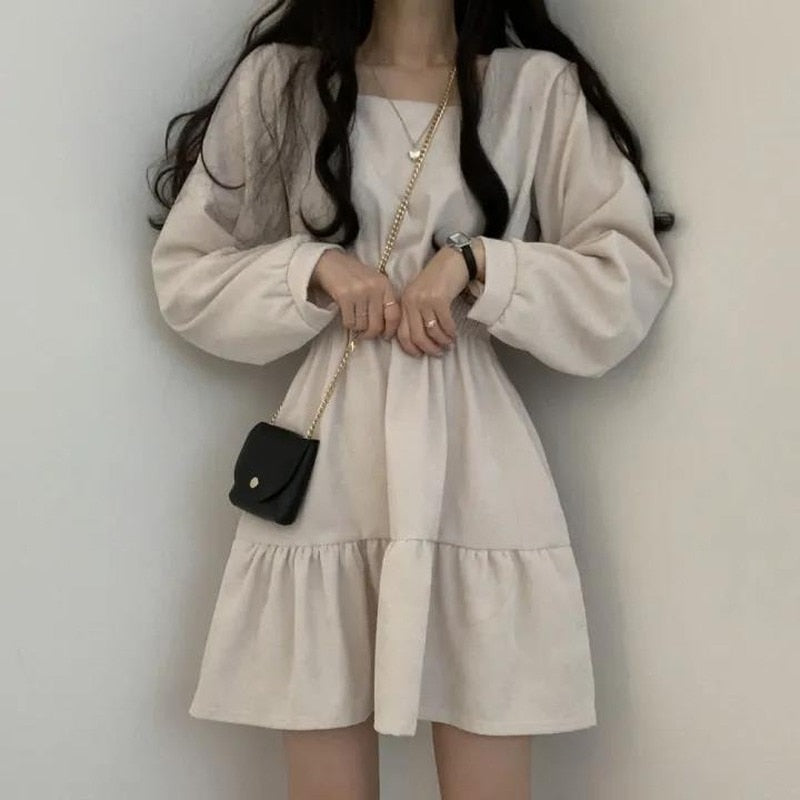 Women Long Sleeve Dresses Solid Color Square Collar A-line Sweet Vintage Design High Waist Mini Length Soft Chic Korean Elegant