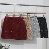Pbong  New Autumn Winter Women Sequins Mini Skirts Waist Back Zipper Solid Color Above Knee Non Stretch Slim A Line Bling Skirt