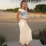 Summer Flower Print Skirt 2 Piece Set Women One Shoulder Crop Tops+Stretch Long Skirts Suit Female Vacation Trend Beach Outfits