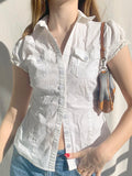 Sweetown Single Breasted Puff Sleeve White Shirts For Women Button Turn Down Collar Pockets Simple Casual Safari Style Tops