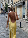 New Summer Fashion Backless Vacation Party Vestidos Satin Sexy Slim Slant Shoulder Solid Color Slit Casual Long Dress Vestidos