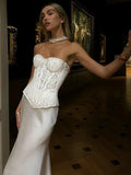 Women's Lace Dress Two Pieces Set Retro Strapless Fish Bones Top Solid Slim Skirt Suit Ladies Elegant Party Dress Sets
