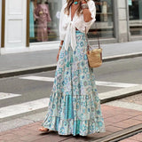 Pbong  Women's Summer Y2K Flowy Boho Vintage Aesthetic Printed Ruffled Hem Tassels Drawstring Waist Flowy A-Line Long Skirts