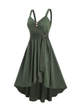 2025 Women's Plain Color Mock Button Empire Waist Ruched Bust Dress Asymmetrical Hem Overlap Self Belted Casual Dress