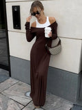 Fashion Fake Two Piece Shoulder Off Long Dress Modal Soft Vintage Slash Neck Slim Women Dress 2025 New Winter Fall Female Cloth