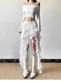 Elegant Tulle Ruffle Skirt Women Boho Lace Vintage White Irregular Skirt Korean Style Summer Layered Mid Skirts Street