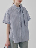 Pbong  Korean Elegant Blouses Striped Lace-up Pockets Long Sleeve Shirts Fashion Loose All Match Tops New Design Women Clothing
