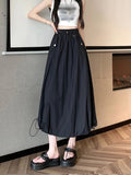 Pbong  Y2K Women Cargo Long Skirts Vintage Loose High Waist Streetwear Skirt Retro Casual American Shirring Solid A Line Skirt New