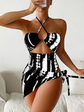 One Piece Swimwear Female With Skirt Halter Swimsuit Women Beach Wear Printed Bathing Swimming Suit Summer Beachwear