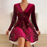 Pbong  Women's V-neck Sexy Long Sleeved Sequined Solid Color Dress High Street Fashion Elegant Party Evening Dresses