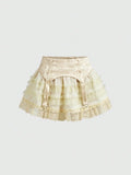 Pbong  Valentine's Day Gothic Jacquard Mesh Lace Patchwork Cake Hem Women Low Waist Mini Skirt