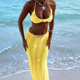 Hollow Knitt 3D Flower Bras + Long Skirts Pink Vacation Beach Women Sets Bikini Swimsuit Sexy Fashion Transparent Cover-ups 2025