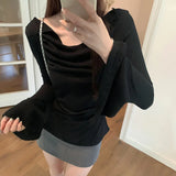 Pbong  Women Clothing Summer Sun Protection T Shirts Flare Sleeve All Match Slim Fit Tees Fashion Tunic Pleated Tshirt