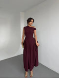 Women Fashion Slanted Shoulder High Waist Pleated Dress Elegant Sleeveless V-neck Long Robes Vocation Beach Street Vestidos