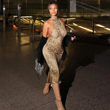 Fashion Halter Leopard Sexy Backless Maxi Dress Women Club Outfits Bandage Embellished Long Dresses Robe Clothes