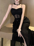 Pbong  Summer New Black Slim Waist Women's Dresses Split Sleeveless French Style Sexy Fashion Female Evening Dress Party Club