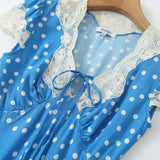 Pbong  Women Retro French Style Blue Polka Dot Spliced Lace Bow V neck Short Sleeve Dress Summer Maxi Long Dresses Robe Femme Vestidos