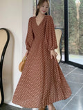 Woman Vintage Polka Dot Long Dresses Elegant V-Neck Slim Lantern Sleeve Dress Holiday Prom Evening Female Clothing Outfits New