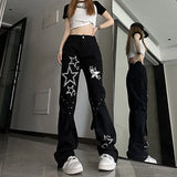 Pbong  Y2K Spider Web Denim Jeans Women's High Waist Slimming Loose Straight Leg Casual Long Trousers Trendy Gothic Style
