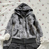 Pbong  2000S American Vintage Print Long Sleeve Hooded Sweatshirt Y2k Subculture Casual Zip Up Hooded Cardigan Harajuku Streetwear Coat