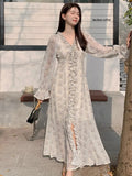 Korean Floral Print Sweet Long Dress 2025 New V-neck Ruffle Chic Spring Dress Lantern Sleeve Slit Fashion Vacation Summer Dress