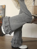 Korean Casual Women Knitted Ruffles Flare Pants Vintage Simple Fashion All Match Wide Leg Trousers Y2k Grunge Mujer Pantalones