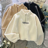 Korean Warm Fleece Fluffy Half Zip Hoodies Women Casual Fashion Thicked Sweatshirt Top Autumn Winter Clothing