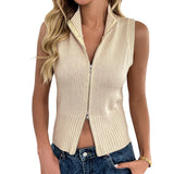 y2k Sweater Vest Women Fashion Clothes Solid Color Zipper Sleeveless Knitted Crop Top 2000s Clothing Basic Streetwear