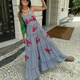 Pbong  Hit Color Embroidery Dresses for Women Square Sleeve Sleeveless High Waist Temperament Dress Female Style