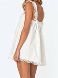 Pbong  Women Mini Dress Lace Trim Fly Sleeve Bowknot Embellished Short Dress Summer Fashion Casual Dress