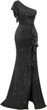 Pbong  Sequin Ruffle Formal Dresses One Shoulder Mermaid Evening Gown Sparkly Long Maxi Dress with Slit