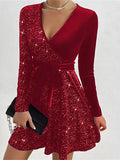 Pbong  Women's V-neck Sexy Long Sleeved Sequined Solid Color Dress High Street Fashion Elegant Party Evening Dresses