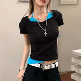 Pbong  New Summer All Match American Streetwear Y2k Aesthetic Constrast Color Spliced Halter Lrregular Women Clothing Harajuku Tops