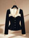 Pbong  Vintage Luxury Lace Long sleeve Velvet Top Women Elegant Ladies Sequin Tunic Shirt Female Office Party Wear Top Korean New
