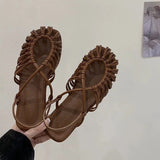 Pbong  Women's Hollow-Out Brown Closed-Toe Sandals, New Summer Bohemian Soft-Soled Beach Shoes, Fashionable Roman Sandals