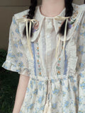 Pbong  Preppy Style Dresses Peter Pan Collar Lace-up Floral Pleated Hollow Out Long Dress Summer Sweet Vestido Fashion Women's Clothing