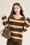 Korean Sweet Striped Sweater Women Sexy V Neck Vintage Knitted Jumper Casual Long Sleeve Female Lazy Wind Pullover Tops New