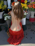 Hollow Out Backless Sexy Maxi Dress Women Gown Summer Off-shoulder Sleeveless Thigh High Split Pleated Long Dress