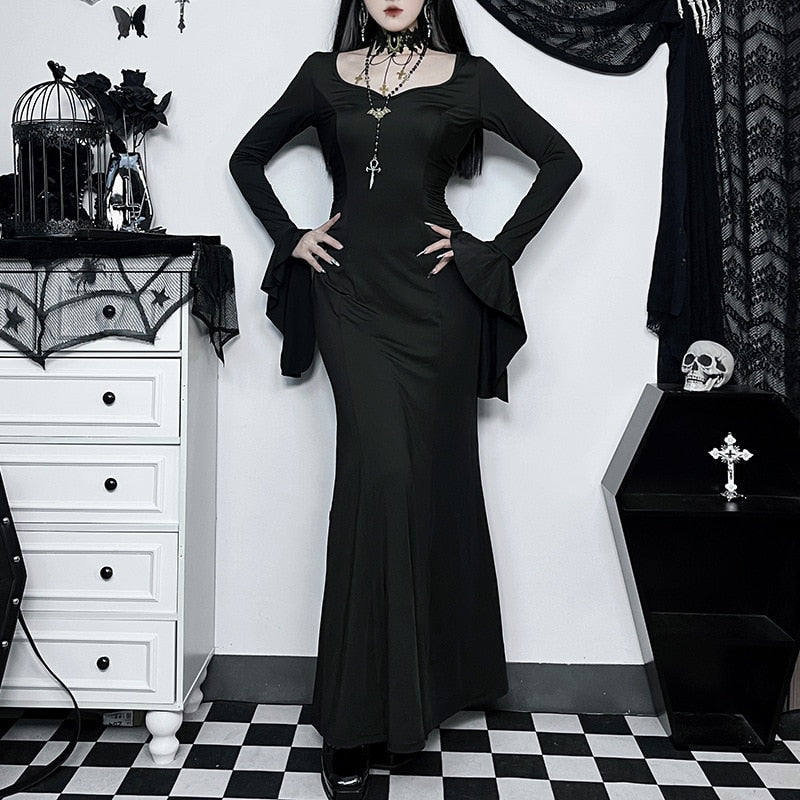 Halloween Gothic Dark Party Dress Women Aesthetic Vintage Elegant Nightclub Long Sleeve High Waist Trumpet Dress Female