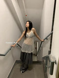 Apricot See Through Halter Tops Women Long Lace Camis Sleeveless Tank Top Japan Style Sweat Sexy Y2k Sheer Backless Tops