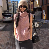 Cable Knit Turtleneck Sweater Vest for Women Cozy Funnel Neck Sleeveless Knit Top Jumper Pullovers Ladies Casual Chic Outfit