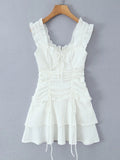 Pbong  Summer French Solid All Match Sweet V Neck Sleeveless Slim Waist Folds Lace-up Dresses