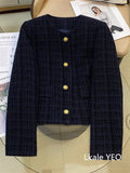 Ladies Short Jacket 2025 Spring Autumn Navy Blue Small Fragrance Lady Outerwear Korean Version Temperament Women's Short Tops