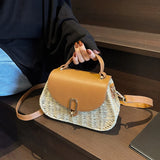 Pbong  Straw Beach Bag PU Leather Clutch Purse Flap Crossbody Bag Handmade Top Handle Purse for Women