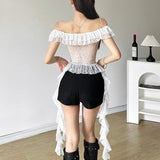 Pbong  Y2k Aesthetic Lace Irregular Tops Vintage Harajuku Hollow Out Summer T-Shirt Streetwear Sexy See Through Shirt Fairy Bandage Tee