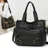 Pbong  Vintage Large Capacity Tote Bag with Multiple Zipper Pockets Rivet Detail Detachable Crossbody Bag Strap Casual Shoulder Purse
