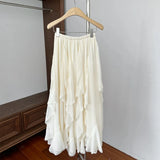 Elegant Fairycore Long Skirt Women Korean Style Sweet Lace Ruffle Skirts Vintage Irregular Streetwear Layered Skirts